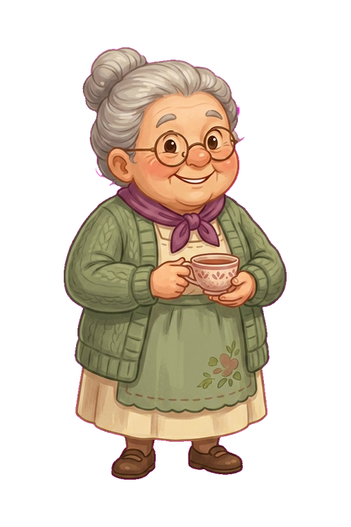 Nana Jean, the matriarch of Plum Hollow, holding a teacup in a sage cardigan