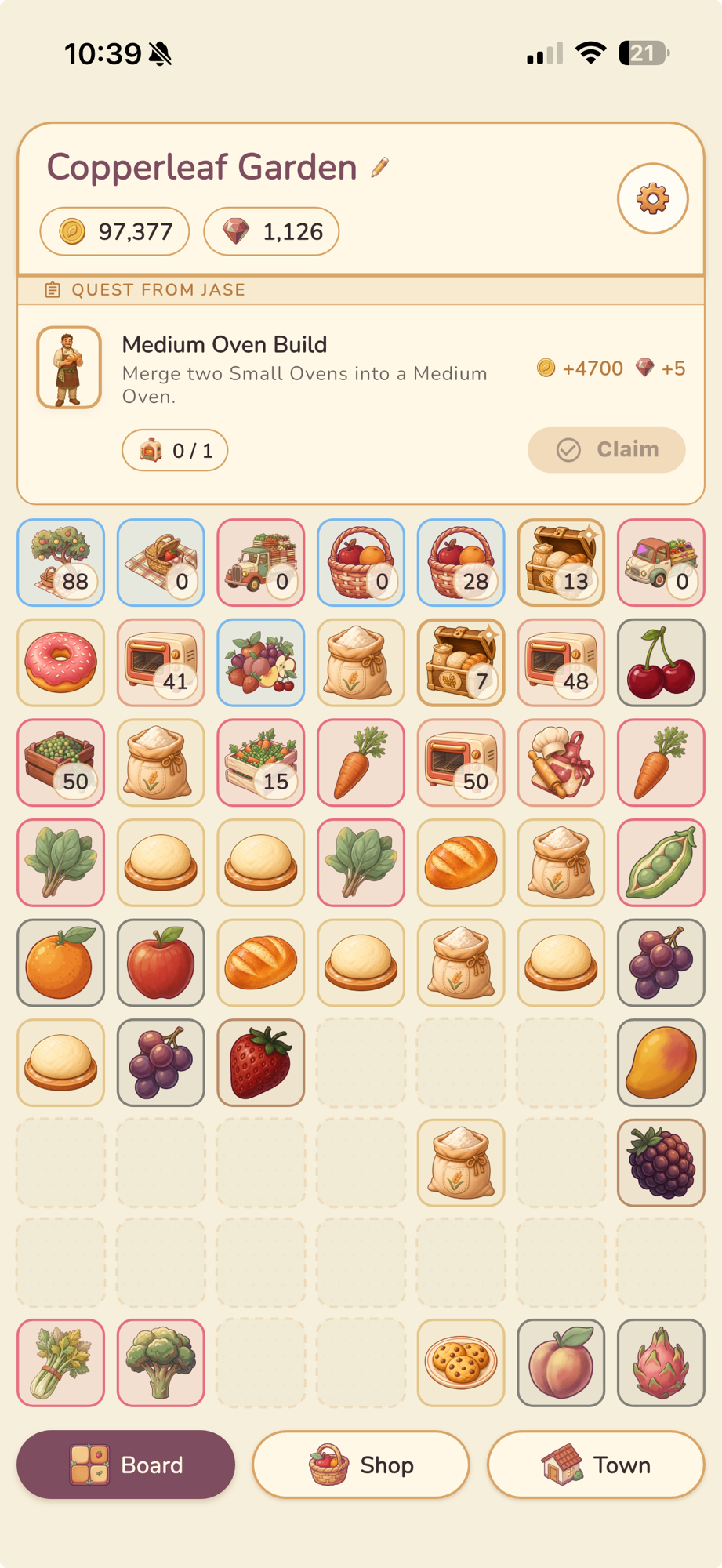 The FoodieMerge board on day 31. A 7-column grid half full of items: apple and pear trees, fruit baskets, a quest from Jase to build a Medium Oven, 97,377 coins and 1,126 gems in the wallet, a strawberry and a dragon fruit in the lower rows, three empty dashed tiles.